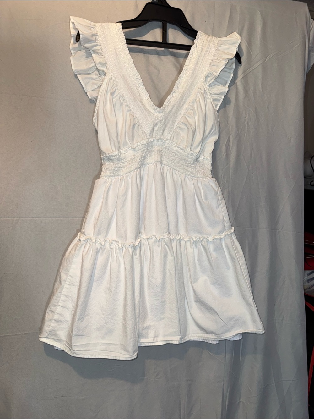 V-Neck White Ruffle Tiered Mini Dress